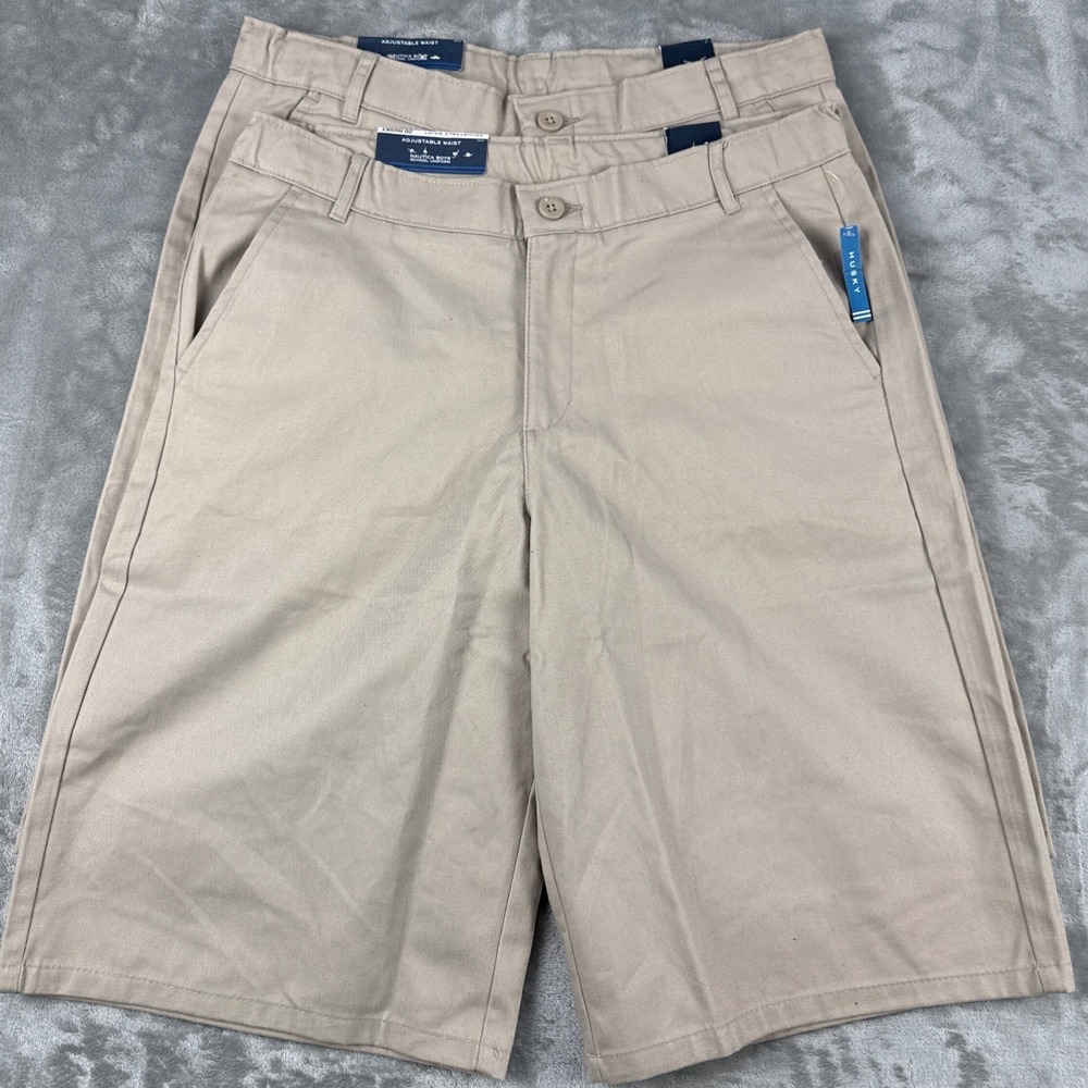Nautica Boys 20 Husky Khaki School Uniform Shorts Flat Front Adjustable N861054Q